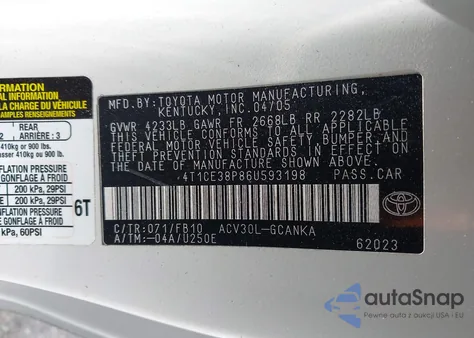 2006 Toyota Camry Solara Se из США, поврежденный, VIN 4T1CE38P86U593198